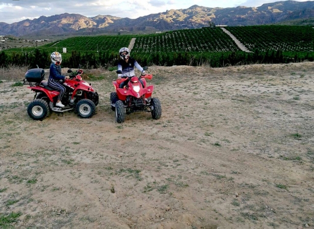  On a quad in front of the crops 